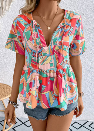 Printed Tie Neck Short Sleeve Blouse - MimiStylez