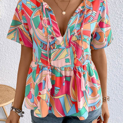 Printed Tie Neck Short Sleeve Blouse - MimiStylez