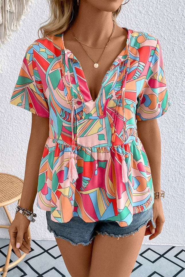 Printed Tie Neck Short Sleeve Blouse - MimiStylez