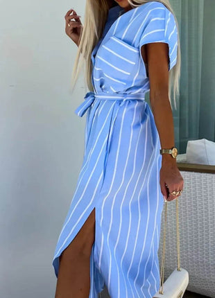 Striped Tie Waist Short Sleeve Dress - MimiStylez