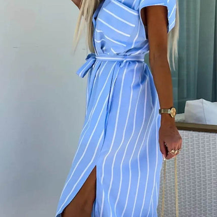 Striped Tie Waist Short Sleeve Dress - MimiStylez