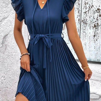 Tie Neck Belted Pleated Dress - MimiStylez