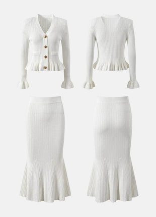 Ruffled V-Neck Top and Midi Skirt Sweater Set - MimiStylez