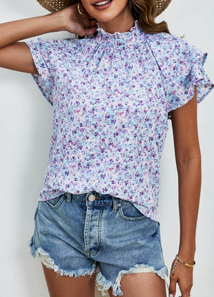 Ditsy Floral Mock Neck Flounce Sleeve Blouse - MimiStylez