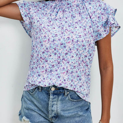 Ditsy Floral Mock Neck Flounce Sleeve Blouse - MimiStylez