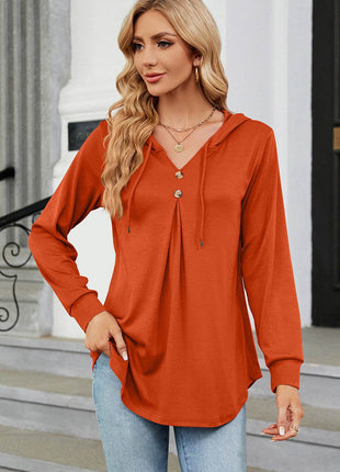 Decorative Button Drawstring Long Sleeve Hoodie - MimiStylez