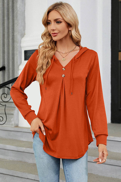 Decorative Button Drawstring Long Sleeve Hoodie - MimiStylez