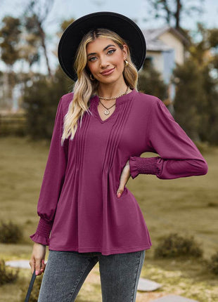 Notched Neck Flounce Sleeve Blouse - MimiStylez