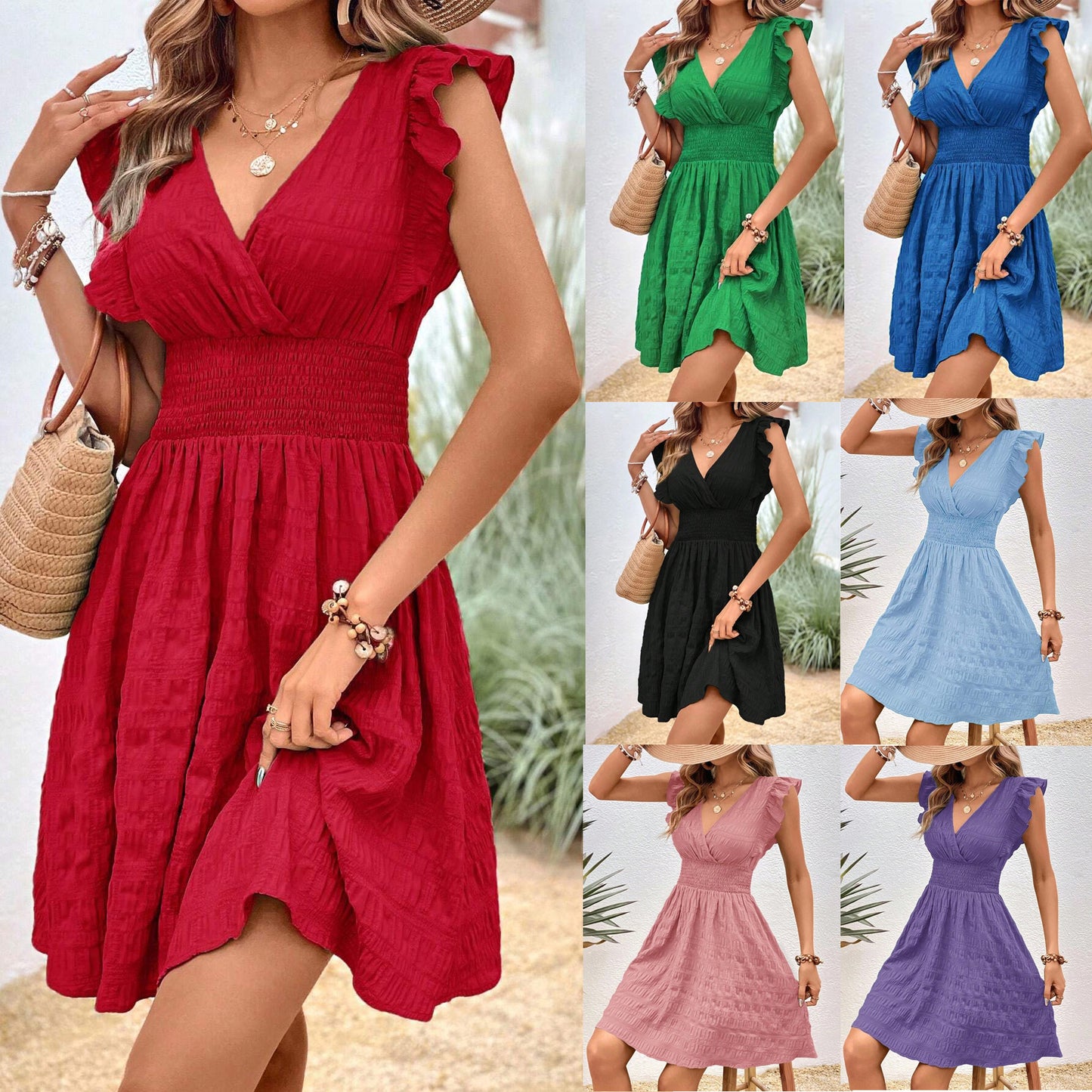 V-neck Pleated Dress Slim Fit Slimming European And American Style