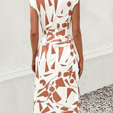 Printed Cap Sleeve Tie Waist Dress - MimiStylez