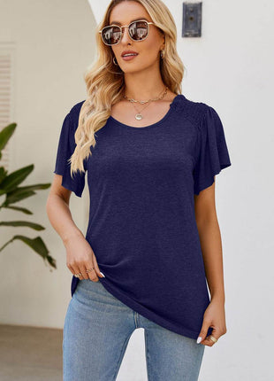Smocked Round Neck Flutter Sleeve T-Shirt - MimiStylez