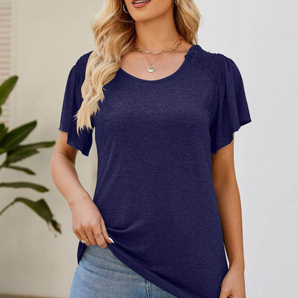 Smocked Round Neck Flutter Sleeve T-Shirt - MimiStylez
