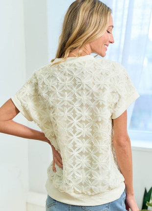 First Love 3D Mesh Flower Round Neck Short Sleeve Top - MimiStylez