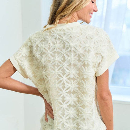 First Love 3D Mesh Flower Round Neck Short Sleeve Top - MimiStylez
