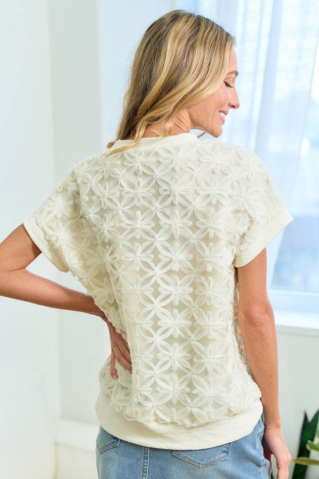 First Love 3D Mesh Flower Round Neck Short Sleeve Top - MimiStylez