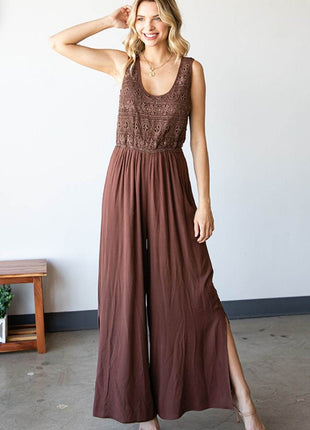 First Love Tie Back Sleeveless Slit Wide Leg Jumpsuit - MimiStylez