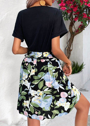 Two-Tone Round Neck Cuffed Sleeve Dress - MimiStylez