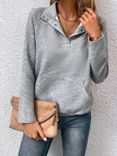 Half Buttoned Collared Neck Sweatshirt with Pocket - MimiStylez