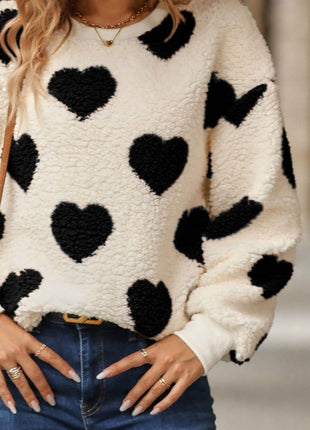 Fuzzy Heart Dropped Shoulder Sweatshirt - MimiStylez