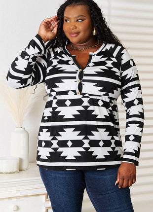 Heimish Full Size Geometric Notched Neck Long Sleeve Top - MimiStylez