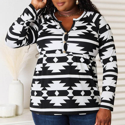 Heimish Full Size Geometric Notched Neck Long Sleeve Top - MimiStylez