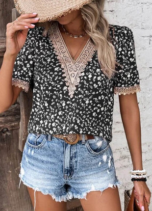Full Size Printed V-Neck Short Sleeve Blouse - MimiStylez