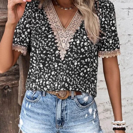 Full Size Printed V-Neck Short Sleeve Blouse - MimiStylez
