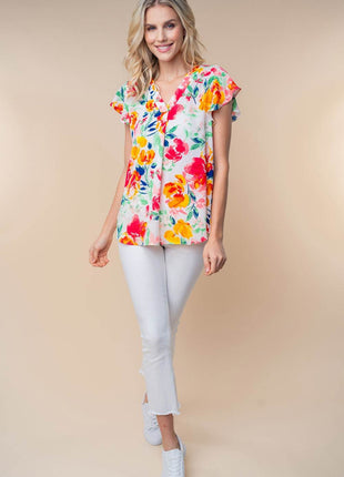 White Birch Full Size Short Sleeve Floral Woven Top - MimiStylez