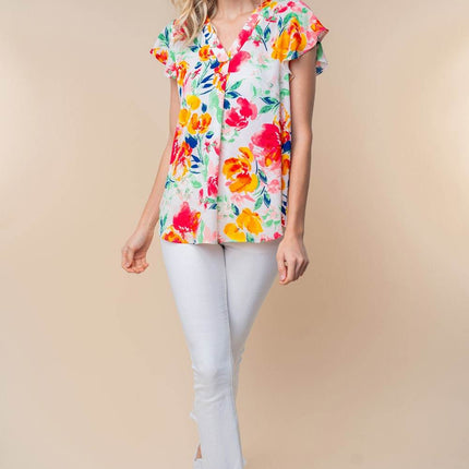 White Birch Full Size Short Sleeve Floral Woven Top - MimiStylez