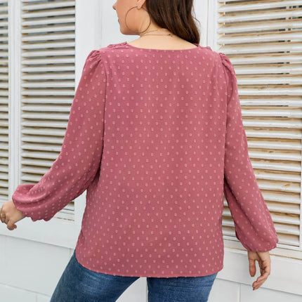 Melo Apparel Plus Size Lace Trim V-Neck Balloon Sleeve Blouse - MimiStylez