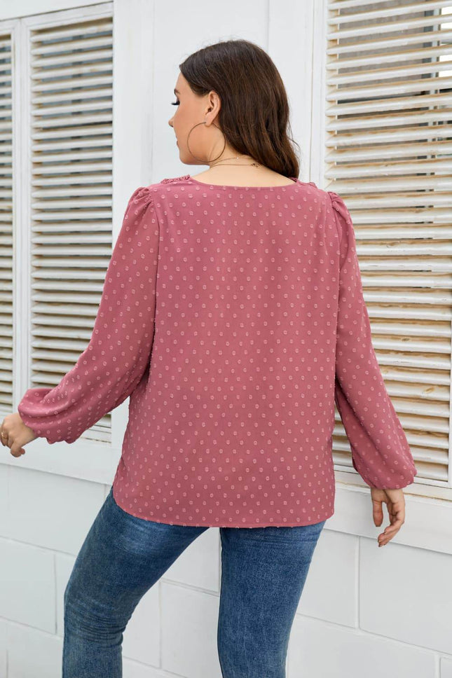 Melo Apparel Plus Size Lace Trim V-Neck Balloon Sleeve Blouse - MimiStylez