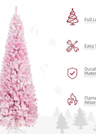 7.5FT Unlit Flocked Pink Christmas Tree Pencil Tree With Pine Shape And Realistic Branches