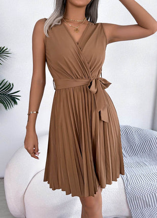 Tied Surplice Sleeveless Pleated Dress - MimiStylez