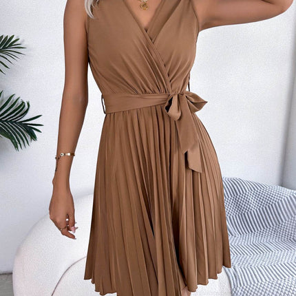 Tied Surplice Sleeveless Pleated Dress - MimiStylez