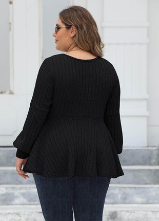 Plus Size Ribbed V-Neck Long Sleeve Blouse - MimiStylez
