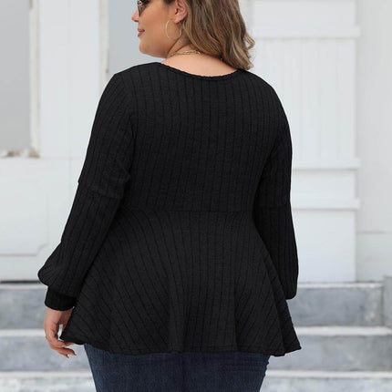 Plus Size Ribbed V-Neck Long Sleeve Blouse - MimiStylez