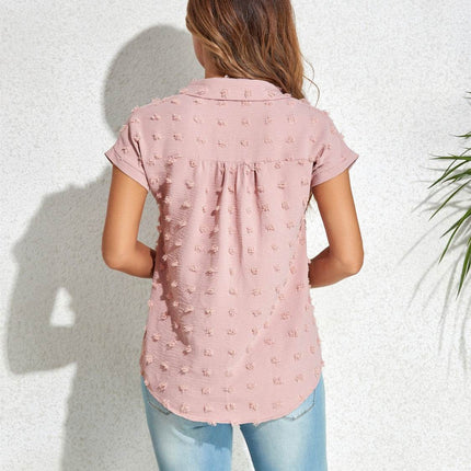 Swiss Dot Button Up Cap Sleeve Shirt - MimiStylez