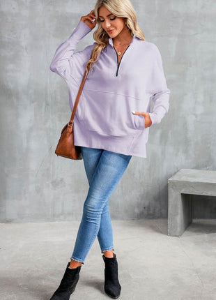 Half Zip Pocketed Dropped Shoulder Sweatshirt - MimiStylez
