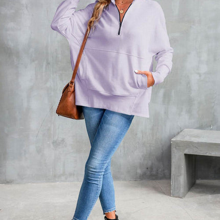 Half Zip Pocketed Dropped Shoulder Sweatshirt - MimiStylez