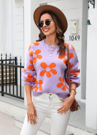 Floral Print Round Neck Dropped Shoulder Pullover Sweater - MimiStylez