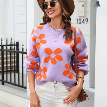 Floral Print Round Neck Dropped Shoulder Pullover Sweater - MimiStylez
