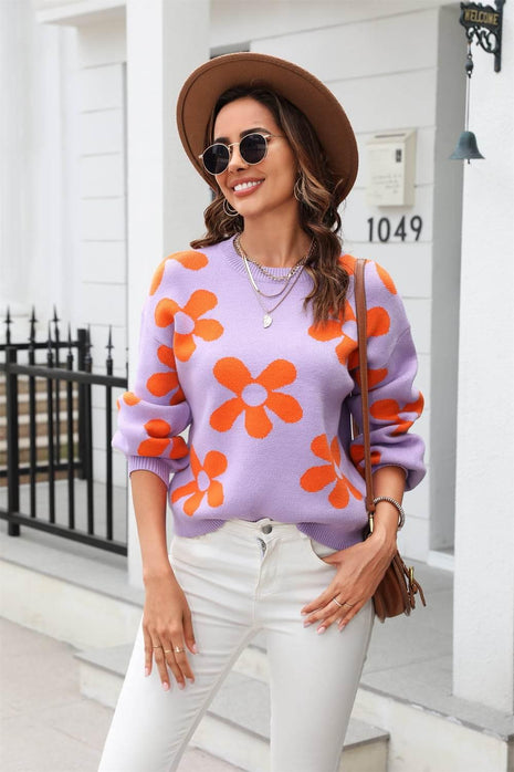 Floral Print Round Neck Dropped Shoulder Pullover Sweater - MimiStylez