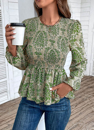 Smocked Printed Balloon Sleeve Blouse - MimiStylez