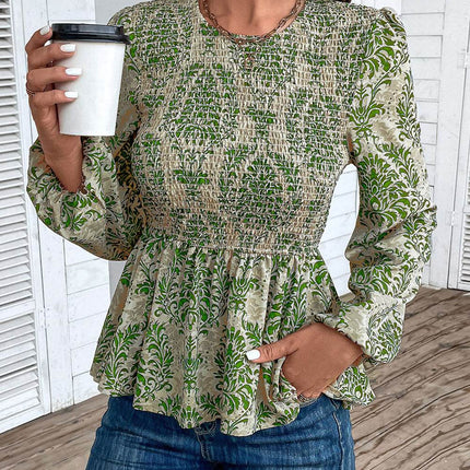 Smocked Printed Balloon Sleeve Blouse - MimiStylez