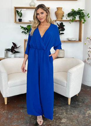 Double Take Full Size Surplice Wide Leg Jumpsuit with Pockets - MimiStylez