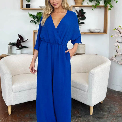 Double Take Full Size Surplice Wide Leg Jumpsuit with Pockets - MimiStylez
