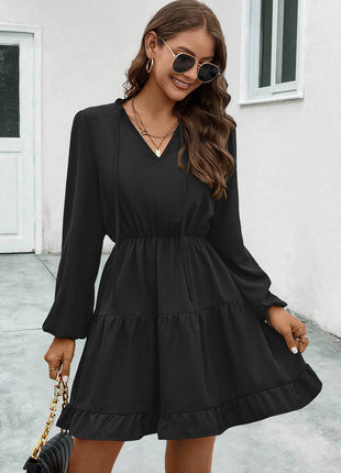 V-Neck Tie Neck Long Sleeve Dress - MimiStylez