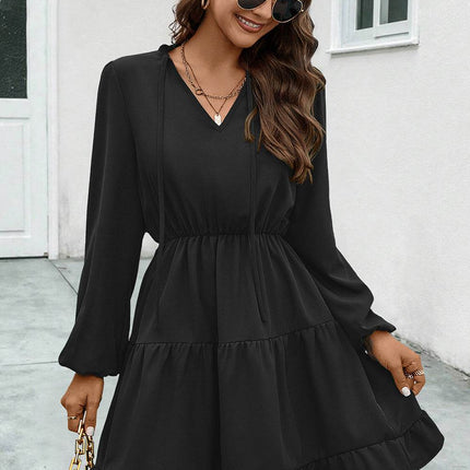 V-Neck Tie Neck Long Sleeve Dress - MimiStylez