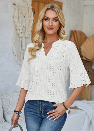 Eyelet Notched Half Sleeve T-Shirt - MimiStylez