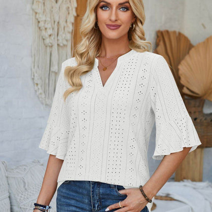Eyelet Notched Half Sleeve T-Shirt - MimiStylez